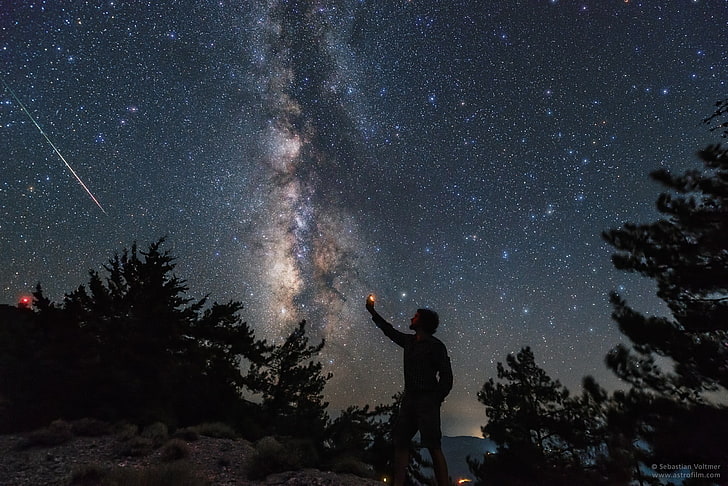 Milchstraße, Nacht, Himmel, Natur, Nachthimmel, Männer, Bäume, HD-Hintergrundbild