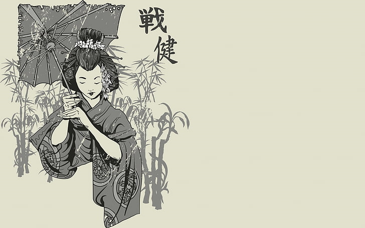 woman holding umbrella wallpaper, Japanese, figure, umbrella, characters, black and white, HD wallpaper