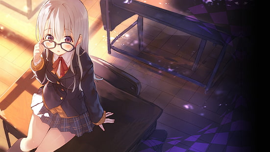 lunettes, uniforme scolaire, cheveux blancs, anime girls, personnages originaux, Fond d'écran HD HD wallpaper