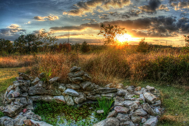 gray stone pebbles, Heart, Pond, gray, stone, pebbles, hdr, austin  texas, sunset, andy  love, clouds, nature, landscape, outdoors, scenics, sunrise - Dawn, sky, HD wallpaper