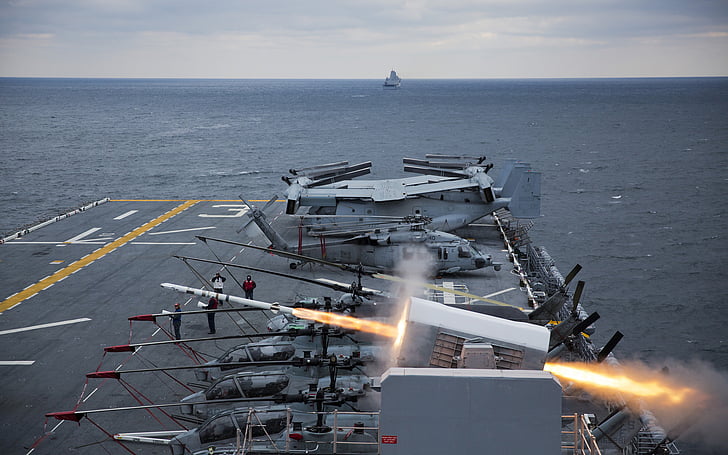 explosión, fuego, llamas, militar, misil, armada, océano, mar, barcos, armas, Fondo de pantalla HD