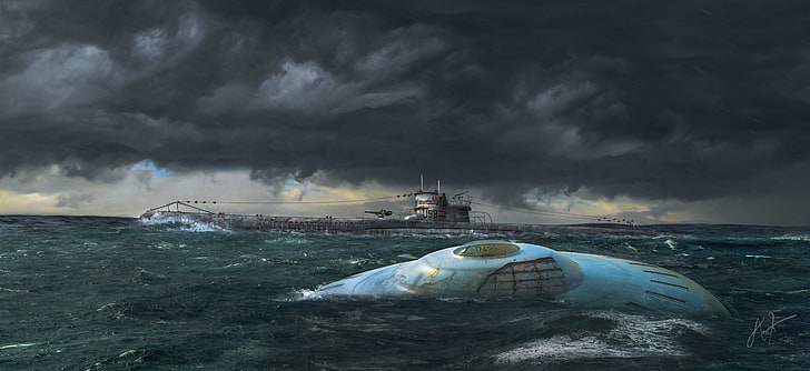 серая подводная лодка, волна, небо, облака, океан, НЛО, U-99, немецкая подводная лодка «Летающая тарелка»;третий рейх, HD обои