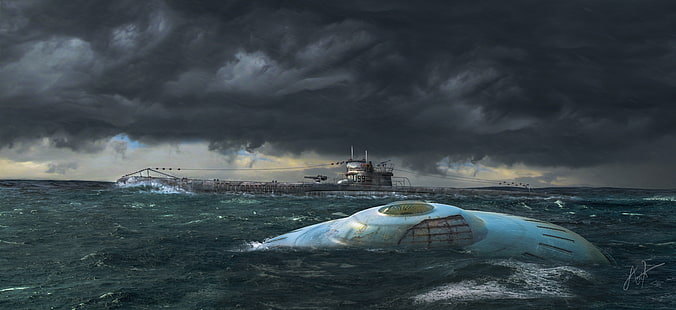 gray submarine, wave, the sky, clouds, the ocean, UFO, U-99, German submarine, &quot;Flying saucer&quot; third Reich, HD wallpaper HD wallpaper
