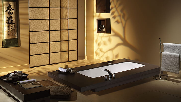 Baño Bañera Bañera HD, baño de estilo japonés, arquitectura, baño, baño, bañera, Fondo de pantalla HD