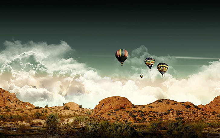 Landscape Balloon Flight, four hot air balloons, landscape, nature, balloon, flight, HD wallpaper
