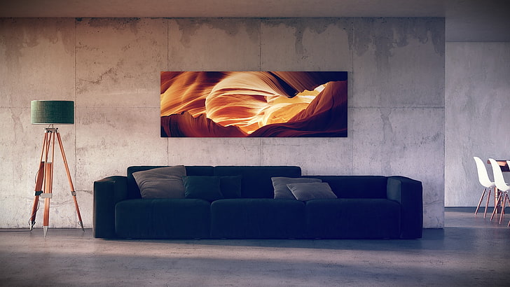 couch, tripod, lamp, interior, modern, HD wallpaper