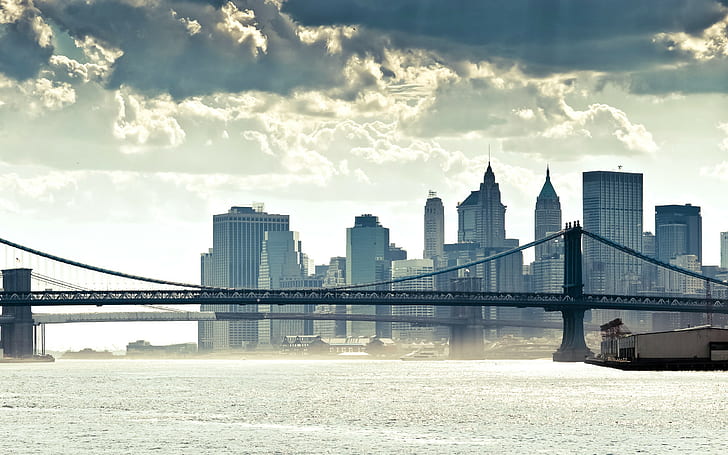 New York City, paysage urbain, pont, ciel, nuages, Fond d'écran HD