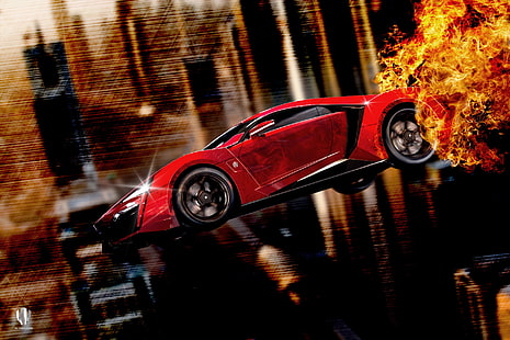 Червен, огън, страничен, летящ, Lykan, W Motors, Furious 7, Hypersport, HD тапет HD wallpaper