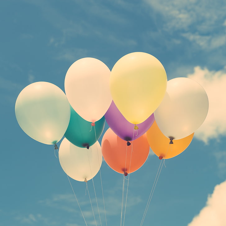 assorted-color balloons, balloons, colorful, sky, lightness, flight, happiness, HD wallpaper