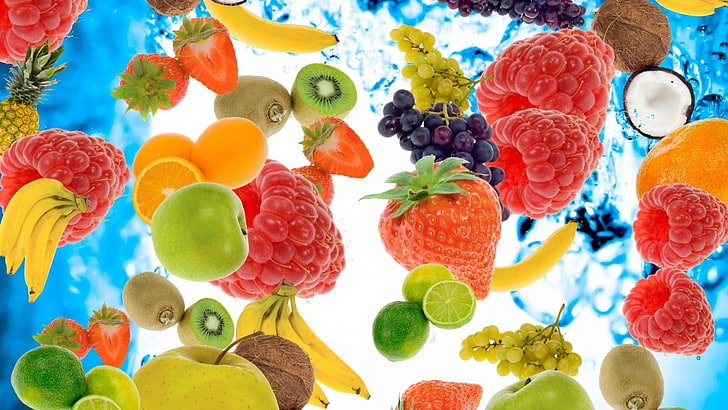 fruit, fruits, fraise, framboise, noix de coco, pomme, orange, banane, kiwi, citron vert, nourriture, Fond d'écran HD