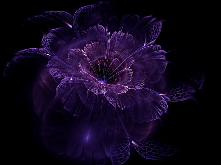 фиолетовый цветок с лепестками, аннотация, фрактал, черный фон, фрактальные цветы, HD обои