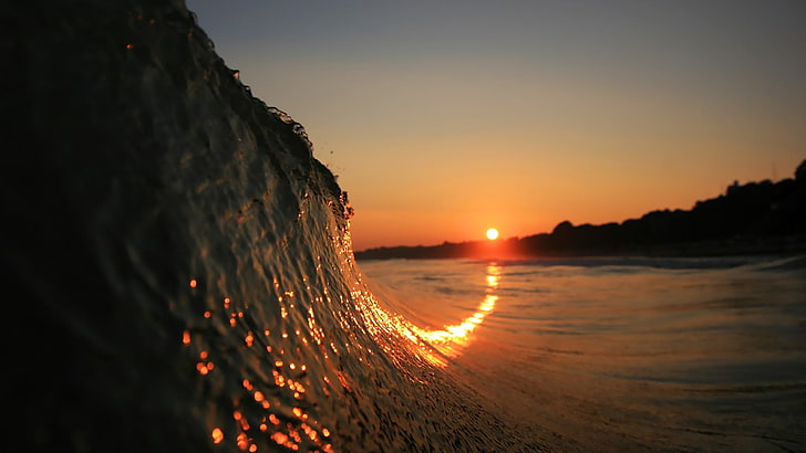 ombak laut, ombak, matahari terbenam, pantai, kedalaman bidang, Wallpaper HD