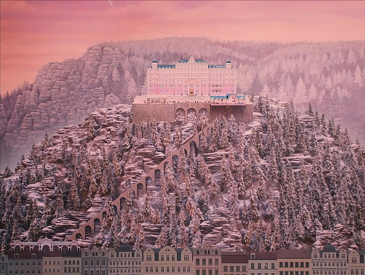 Film, The Grand Budapest Hotel, Colline, Hôtel, Rose, Coucher de soleil, Fond d'écran HD