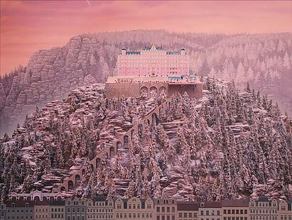 Film, The Grand Budapest Hotel, Colline, Hôtel, Rose, Coucher de soleil, Fond d'écran HD HD wallpaper