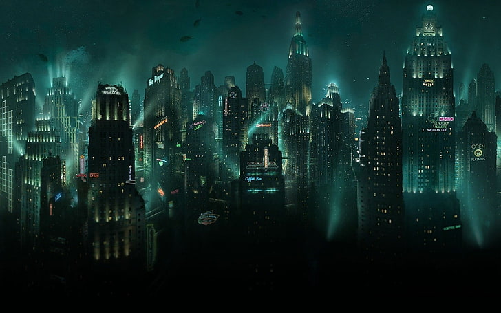 pintura de construção da cidade, cidade, paisagem urbana, noite, luzes, Rapture, BioShock, videogames, HD papel de parede
