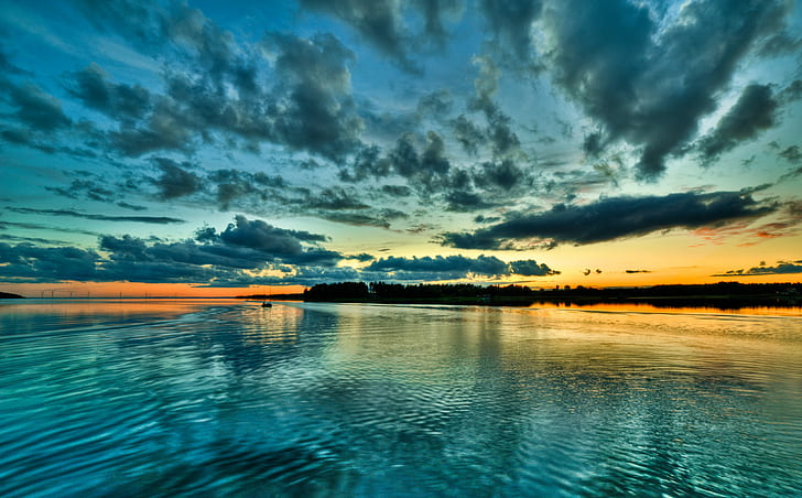 Barca sulla baia al tramonto, cielo, nuvole, tramonto, baia, barca, Sfondo HD