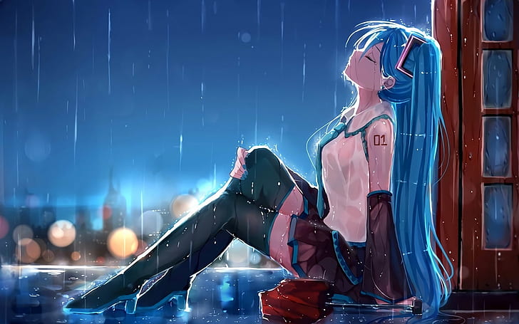 Хацунэ мику, грусть аниме девушка в дождь, хацунэ мику, хацунэ, мику, грусть аниме, девушка, дождь, HD обои