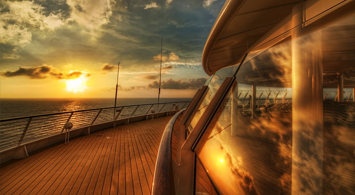 Cruise Ship Deck, Sunset, gray boat fence, Travel, Other, Ocean, Ship, Sunset, Deck, Water, Clouds, Cruise, HD wallpaper