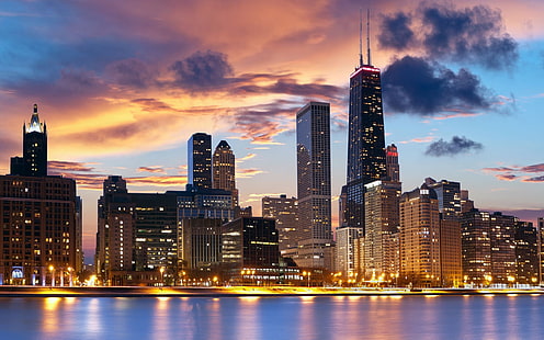 USA, Illinois, Chicago, city, buildings, lights, dusk, USA, Illinois, Chicago, City, Buildings, Lights, Dusk, HD wallpaper HD wallpaper
