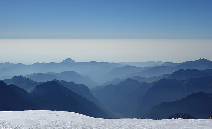 montagnes, brume, bleu, ciel clair, Alpes, crête, neige, Fond d'écran HD