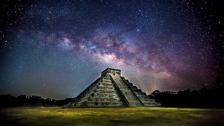 starożytny, noc, nocne niebo, gwiaździsty, Meksyk, kukulcan, piramida kukulcan, Historia starożytna, piramida kukulcana, piramida, historia, gwiaździste niebo, mistyczne, maya, chichen itza, ruiny, ruiny Majów, Droga Mleczna, Tapety HD