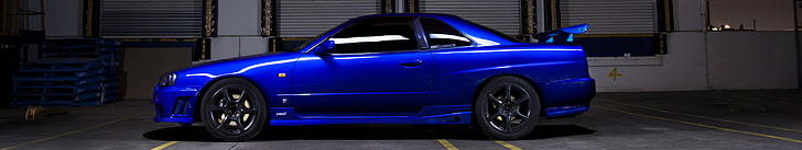 niebieskie coupe, samochód, potrójny ekran, Skyline R34, Nissan Skyline GT-R, niebieskie samochody, Tapety HD