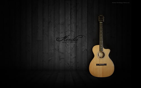 Modelo de orquesta, guitarra acústica de un solo corte marrón y negro, música, guitarra, Fondo de pantalla HD HD wallpaper