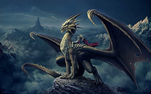 awesome beast dragon, awesome, beast, dragon, fantasy, rider, HD wallpaper HD wallpaper