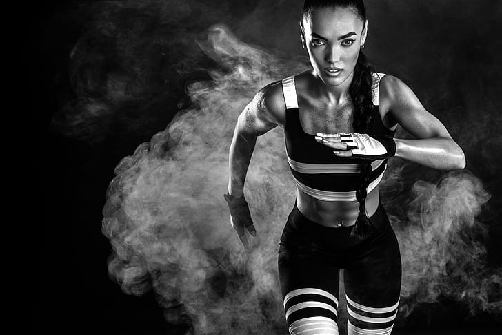 Sport, fitness, bianco e nero, treccia, ragazza, modello, donna, Sfondo HD