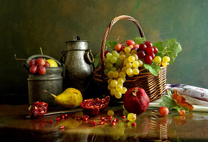 корзина, фрукты, виноград, жизнь, натюрморт, HD обои