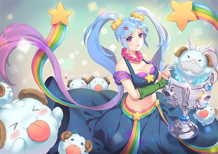 Video Game, League Of Legends, Cup, Long Hair, Necklace, Pink Eyes, Rainbow, Smile, Sona (League Of Legends), Twintails, HD wallpaper