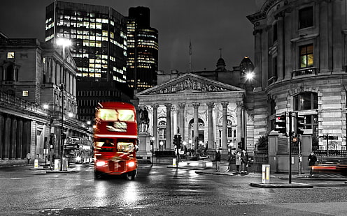 черно, размазване, автобус, град, Англия, експозиция, Лондон, нощ, път, улица, timelapse, бяло, HD тапет HD wallpaper