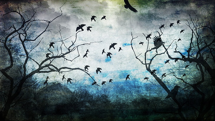 white and blue abstract painting, birds, nature, digital art, drawing, trees, clouds, crow, HD wallpaper