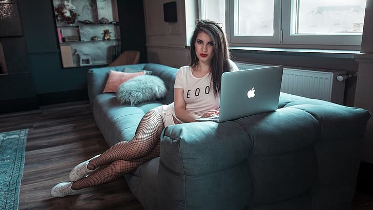 sexy, pose, room, model, makeup, figure, brunette, window, t-shirt, hairstyle, laptop, tights, mesh, sitting, on the couch, sneakers, skirt, Peter Jordanoff, Anna Wolf, HD wallpaper