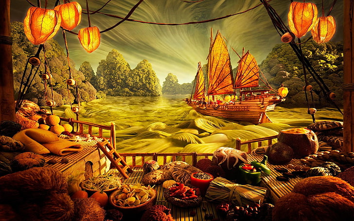 viajero con buen fondo de pantalla digital, arte digital, arte de fantasía, comida, árboles, velero, madera, verduras, frutas, nubes, hojas, Fondo de pantalla HD