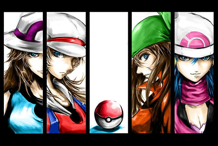 Safira (personagem), maio (pokemon), anime, colagem, Poké Balls, garotas de anime, Pokémon, HD papel de parede
