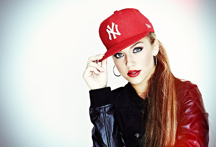 women's red New York Yankees flat-brimmed cap, kim gloss, model, cap, HD wallpaper