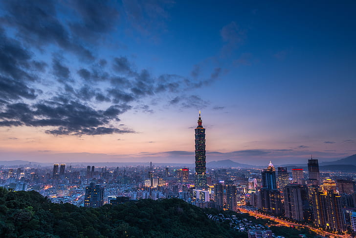 Città, Taipei, Città, Paesaggio urbano, Paesaggio, Notte, Cielo, Grattacielo, Taipei 101, Taiwan, Sfondo HD