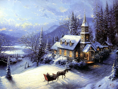house, winter, snow, sledge, card, new year, christmas, house, winter, snow, sledge, card, new year, christmas, HD wallpaper HD wallpaper