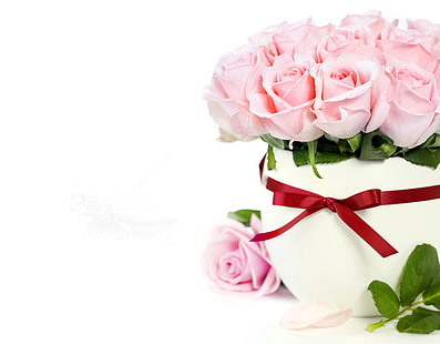 розовая роза, цветочная композиция и белая керамическая ваза, цветы, розы, букет, HD обои HD wallpaper