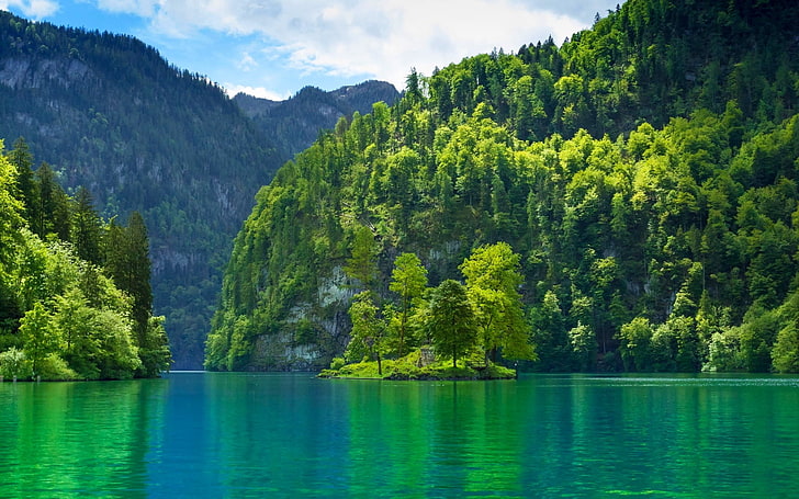езеро, природа, пейзаж, Германия, планини, гора, вода, дървета, HD тапет