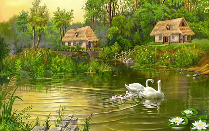 Swan Family Lake Pond Stone Bridge Drzewa Dom z okładką ze słomy Kwiaty lotosu Art Wallpaper Hd na pulpit 1920 × 1200, Tapety HD