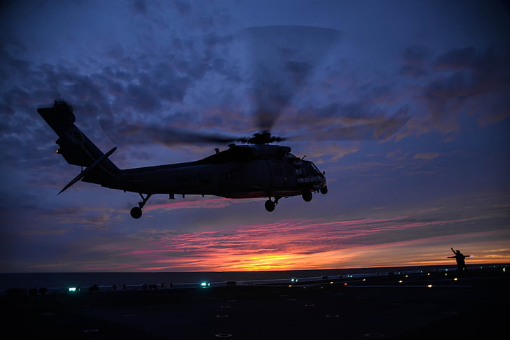 helicopter, jayhawk, mh-60, sikorsky, silhouette, sky, sunrise, HD wallpaper