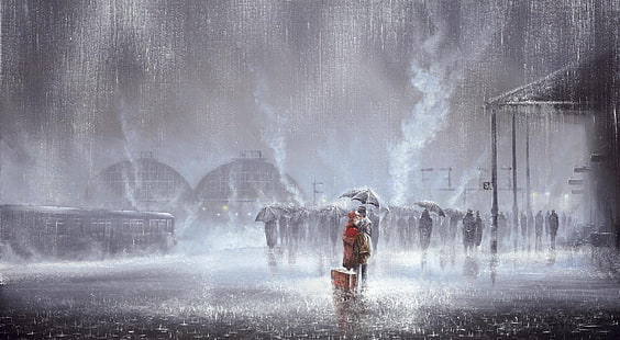 Train Station Kiss Painting, Malerei einer Person unter einem Regenschirm, Künstlerisch, Zeichnungen, Liebe, Station, Regen, Zug, Romantik, Romantisch, Kuss, Malerei, Liebesgeschichte, HD-Hintergrundbild HD wallpaper