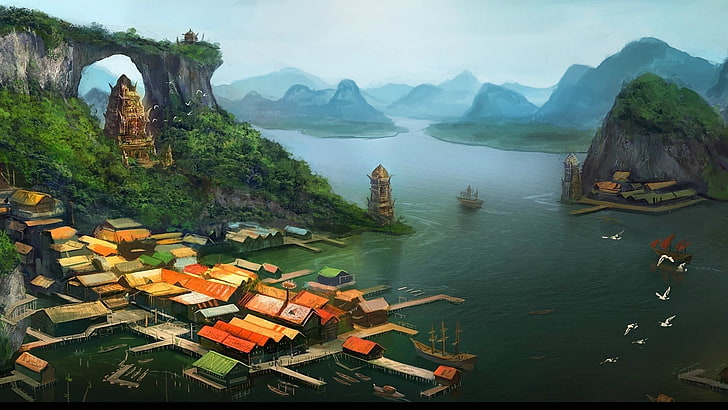 city on top of body of water near mountain digital wallpaper, anime, nature, ports, digital art, fantasy art, architecture, building, house, artwork, painting, rooftops, village, Asian architecture, lake, mountains, birds, pier, tower, ship, trees, HD wallpaper
