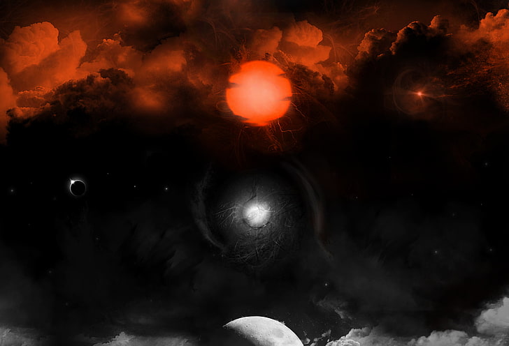 black and red galaxy spray painting, Moon, clouds, space, artwork, dark, space art, HD wallpaper