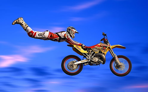 saltos de motocross-Sports Wallpapers, ilustração de bicicleta de sujeira vermelha e amarela, HD papel de parede HD wallpaper