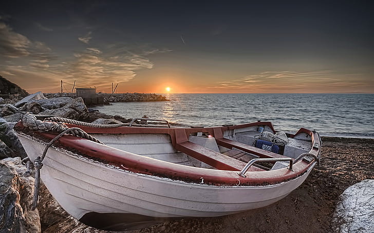 Beach, boat, sea, sunset, Beach, Boat, Sea, Sunset, HD wallpaper