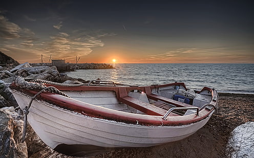 Plaża, łódź, morze, zachód słońca, plaża, łódź, morze, zachód słońca, Tapety HD HD wallpaper