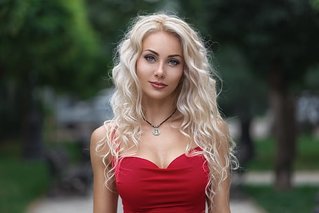 women, blonde, red dress, tight dress, portrait, necklace, trees, women outdoors, wavy hair, Galyaev Evgeniy, HD wallpaper HD wallpaper